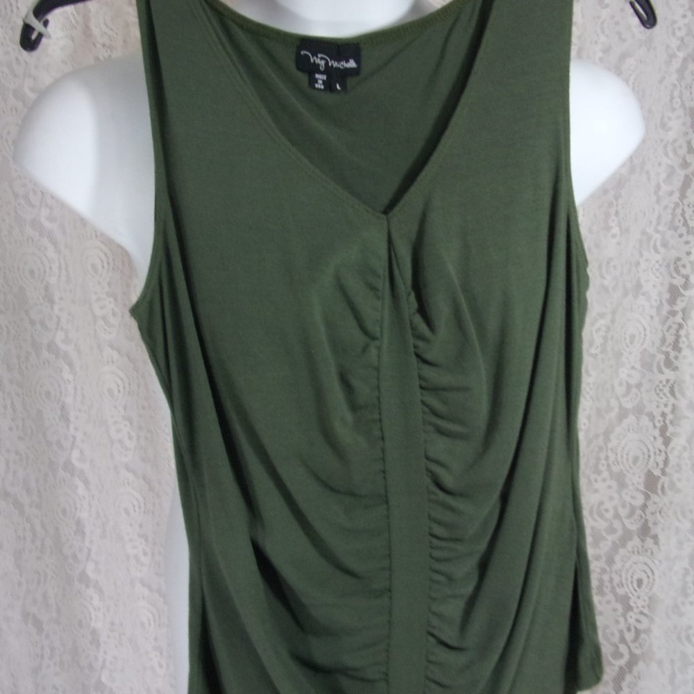 Tank Shell Top Knit Olive Green Ruched Front - Picture 2 of 3